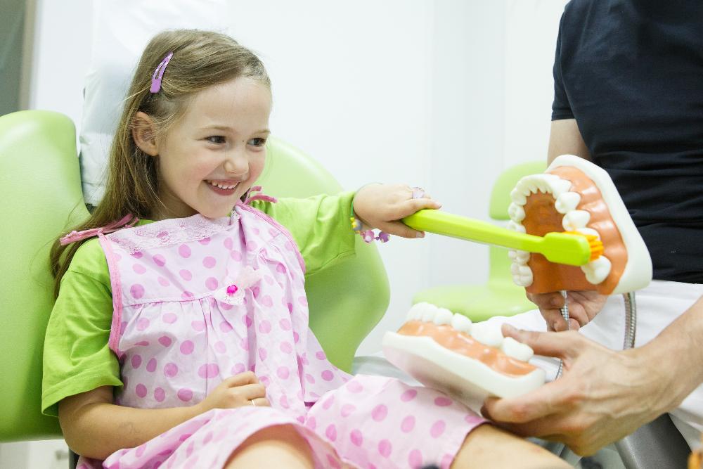 A smiling child brushing a giant tooth model