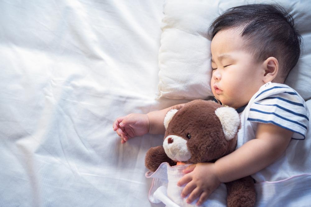 A sleeping baby holding a teddy bear